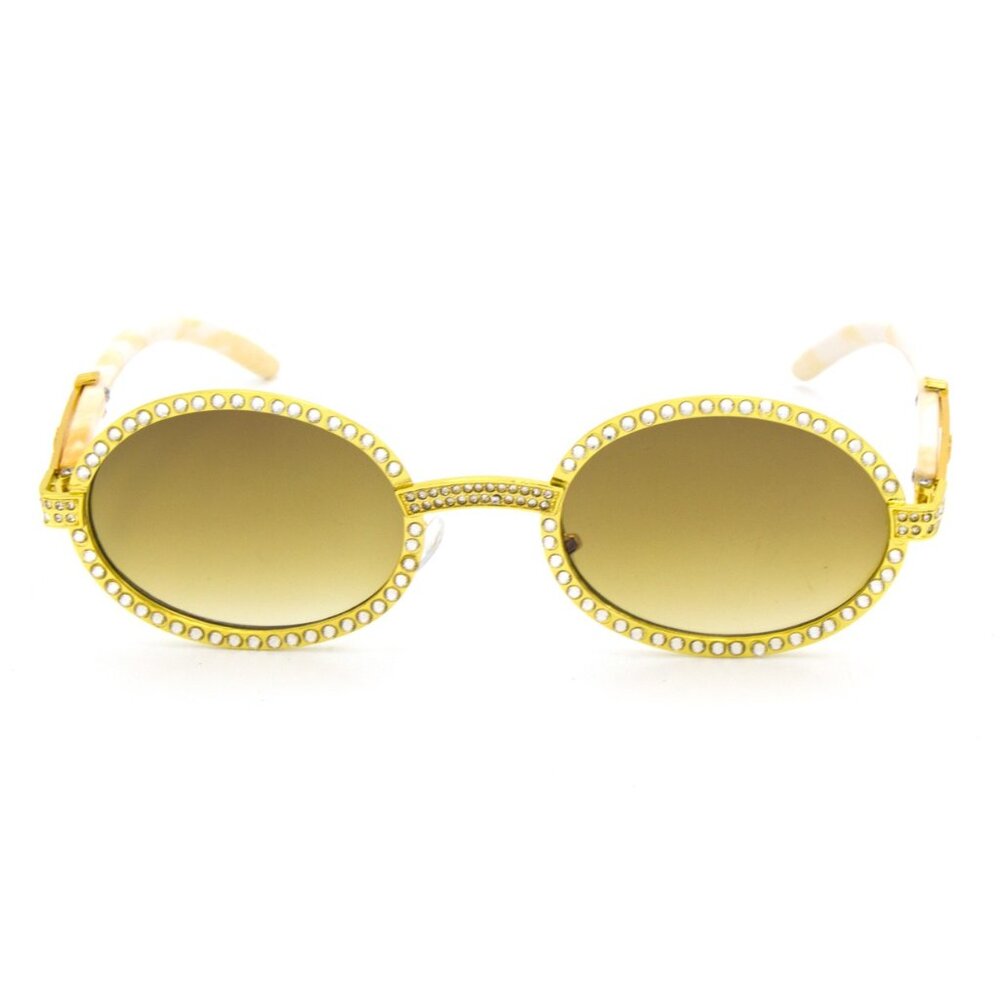 Men Sunglasses Oval Lens Gold‎ Trendy Fashion Diamond Bling Hip Hop Style Lentes